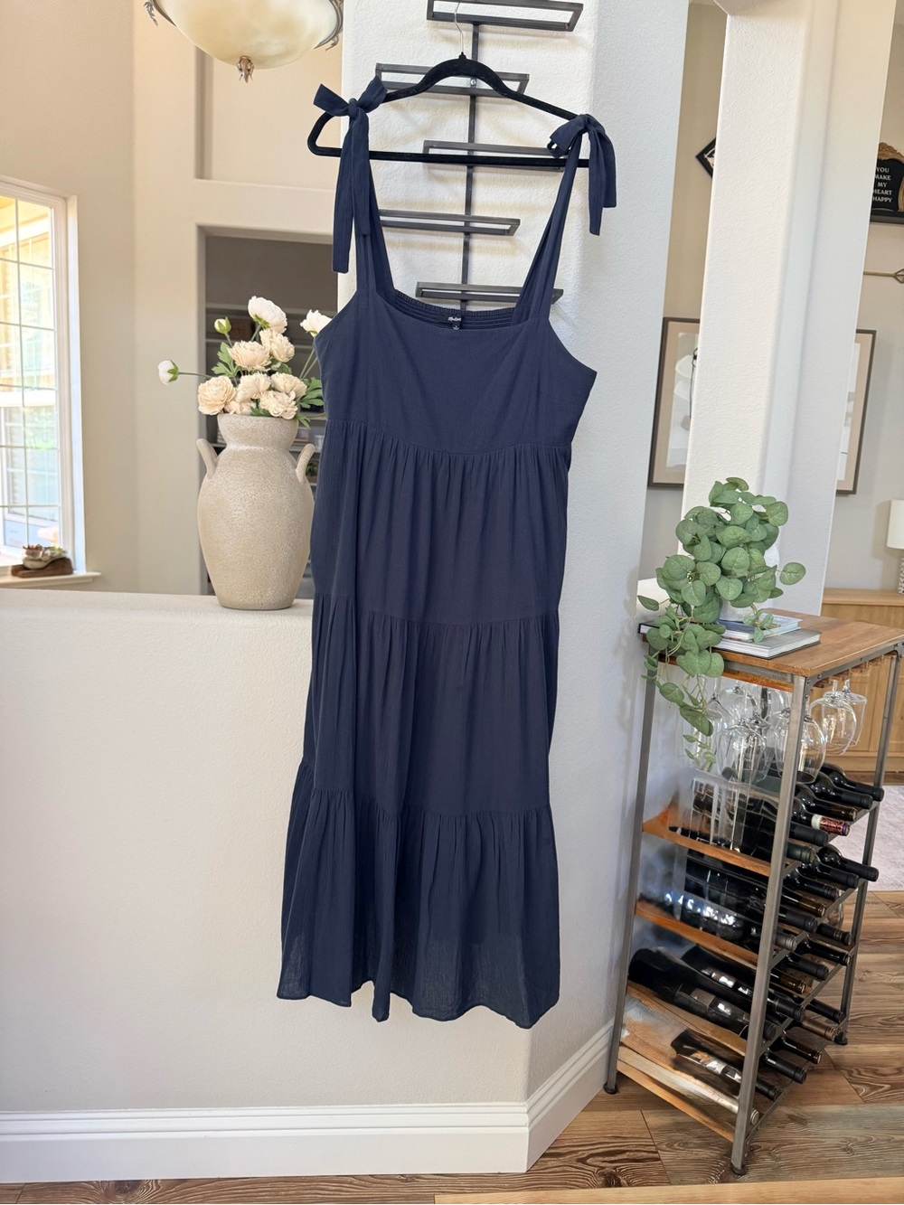 Madewell Navy Tie-Shoulder Tiered Midi Dress